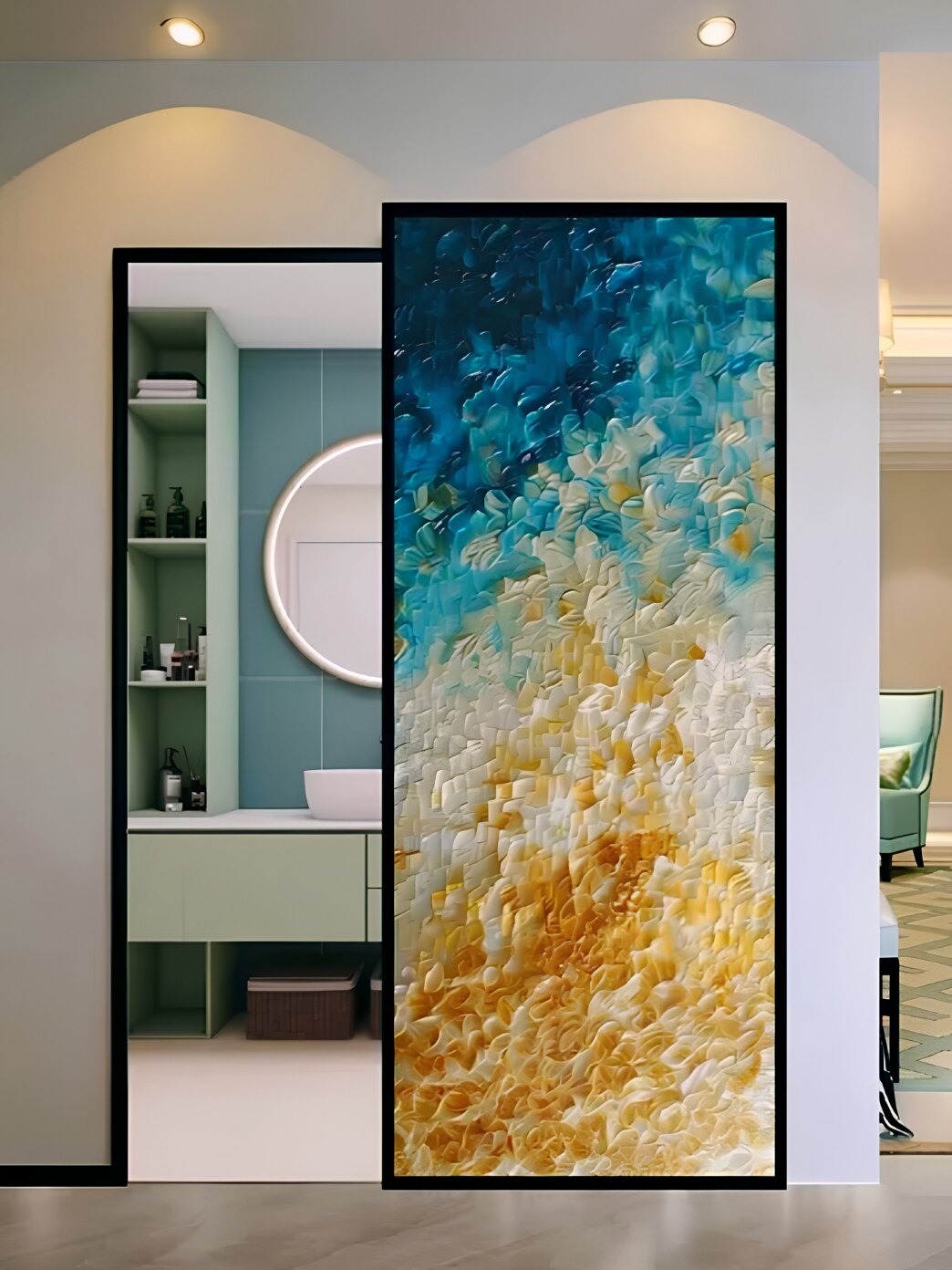 Levante — cast-resin room divider washing from Mediterranean turquoise to Red Sea gold