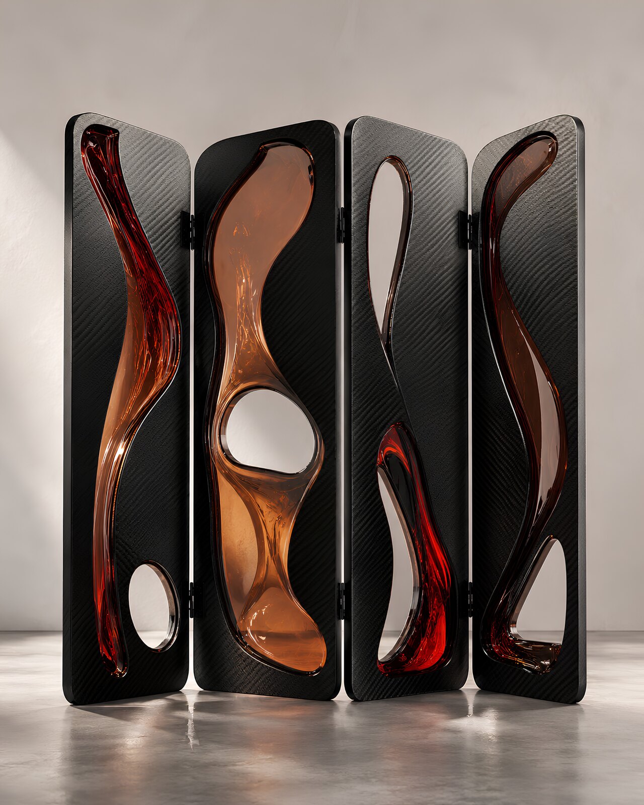 Vanta — four-panel folding screen in black woven twill with amber cast resin